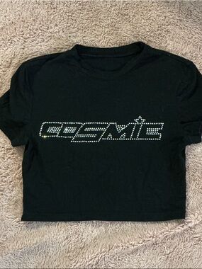 Source Unknown Black Crop Top with Rhinestone 'Cosmic' Logo
